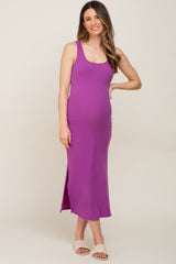 Purple Ribbed Side Slit Maternity Midi Dress