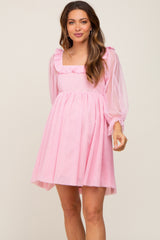 Pink Polka Dot Mesh 3/4 Sleeve Maternity Dress