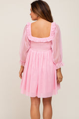 Pink Polka Dot Mesh 3/4 Sleeve Maternity Dress