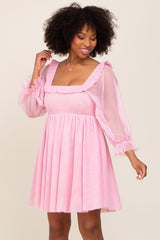 Pink Polka Dot Mesh 3/4 Sleeve Dress