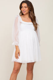 White Polka Dot Mesh 3/4 Sleeve Maternity Dress