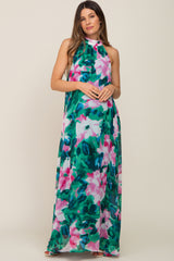 Green Multi-Color Halter Maternity Maxi Dress