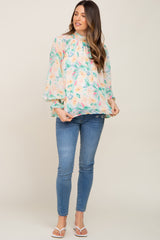 Green Floral Mock Neck Maternity Blouse