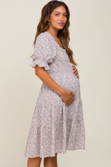 Lavender Floral Smocked Tiered Maternity Dress