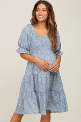 Blue Floral Smocked Tiered Maternity Dress