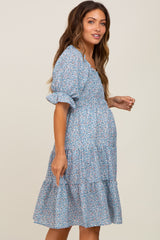 Blue Floral Smocked Tiered Maternity Dress