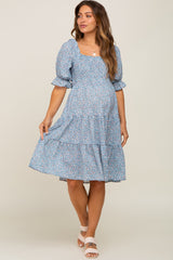 Blue Floral Smocked Tiered Maternity Dress