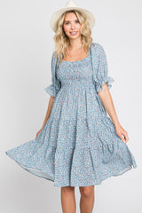 Blue Floral Smocked Tiered Dress