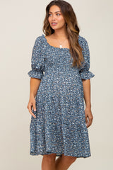 Black Floral Smocked Tiered Maternity Dress