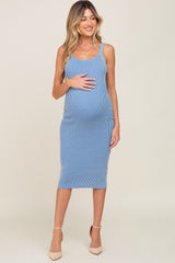 Blue Rib Knit Lace Up Back Maternity Midi Dress