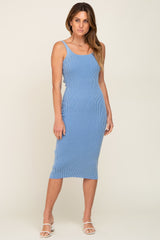 Blue Rib Knit Lace Up Back Maternity Midi Dress