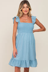 Light Blue Textured Sleeveless Smocked Maternity Dress