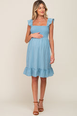 Light Blue Textured Sleeveless Smocked Maternity Dress