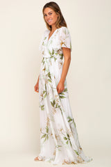 White Floral Chiffon Wrap Front Short Sleeve Maxi Dress