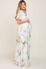 White Floral Chiffon Wrap Front Short Sleeve Maternity Maxi Dress