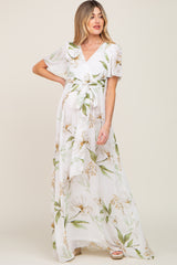 White Floral Chiffon Wrap Front Short Sleeve Maternity Maxi Dress