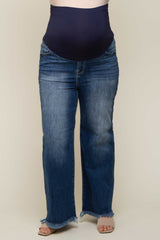 Navy Blue Fringe Hem Maternity Plus Wide Leg Jeans