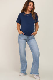 Light Blue Fringe Hem Maternity Wide Leg Jeans