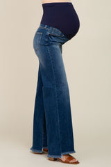 Navy Blue Fringe Hem Maternity Wide Leg Jeans