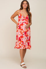 Fuchsia Floral Twist Front Maternity Midi Dress