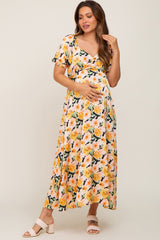 Black Floral Satin Ruched V-Neck Puff Short Sleeve Maternity Maxi Dress