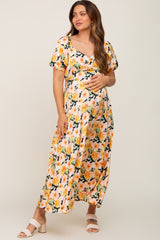 Black Floral Satin Ruched V-Neck Puff Short Sleeve Maternity Maxi Dress