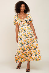 Black Floral Satin Ruched V-Neck Puff Short Sleeve Maxi Dress