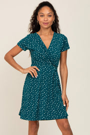 Teal Wrap Front V-Neck Short Sleeve Dress