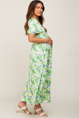 Blue Floral Satin Ruched V-Neck Puff Short Sleeve Maternity Maxi Dress