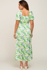 Blue Floral Satin Ruched V-Neck Puff Short Sleeve Maternity Maxi Dress