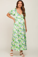 Blue Floral Satin Ruched V-Neck Puff Short Sleeve Maternity Maxi Dress