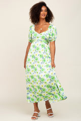 Blue Floral Satin Ruched V-Neck Puff Short Sleeve Maternity Maxi Dress