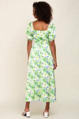 Blue Floral Satin Ruched V-Neck Puff Short Sleeve Maxi Dress