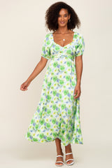 Blue Floral Satin Ruched V-Neck Puff Short Sleeve Maxi Dress