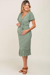 Olive Floral Wrap Front V-Neck Tied Waist Maternity Dress