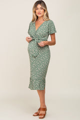 Olive Floral Wrap Front V-Neck Tied Waist Maternity Dress