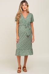 Olive Floral Wrap Front V-Neck Tied Waist Maternity Dress