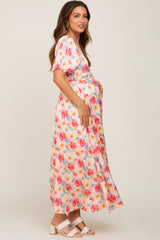 Pink Floral Satin Ruched V-Neck Puff Short Sleeve Maternity Maxi Dress