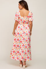 Pink Floral Satin Ruched V-Neck Puff Short Sleeve Maternity Maxi Dress