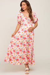 Pink Floral Satin Ruched V-Neck Puff Short Sleeve Maternity Maxi Dress