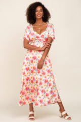 Pink Floral Satin Ruched V-Neck Puff Short Sleeve Maternity Maxi Dress