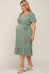 Olive Floral Wrap Front V-Neck Tied Waist Maternity Plus Dress