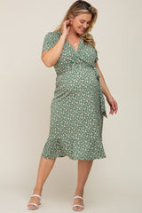 Olive Floral Wrap Front V-Neck Tied Waist Maternity Plus Dress