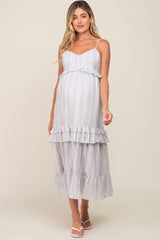 Ivory Striped Ruffle Tiered Maternity Midi Dress