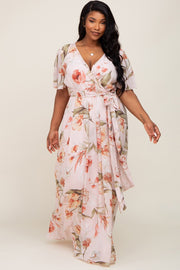 Pink Floral Chiffon Wrap Front Short Sleeve Plus Maxi Dress