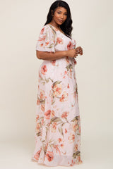 Pink Floral Chiffon Wrap Front Short Sleeve Plus Maxi Dress