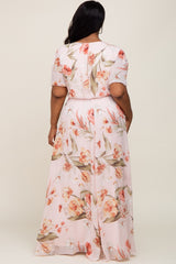 Pink Floral Chiffon Wrap Front Short Sleeve Plus Maxi Dress