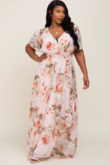 Pink Floral Chiffon Wrap Front Short Sleeve Plus Maxi Dress