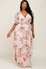 Pink Floral Chiffon Wrap Front Short Sleeve Plus Maxi Dress