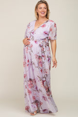 Lavender Floral Chiffon Wrap Front Short Sleeve Maternity Plus Maxi Dress